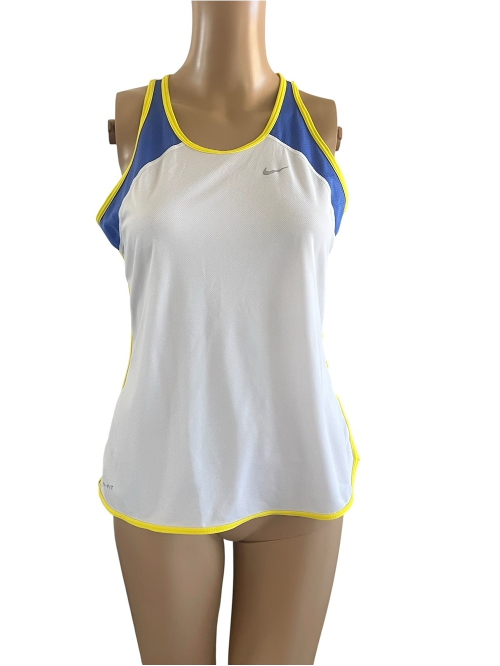 Nike White Racerback Tank with Blue Panels & Yellow Trim